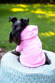 Back view of warm dog shirt in pink with hood.