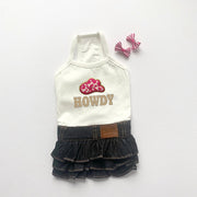 Blue Jean Dog Dress with Cowboy Hat & Howdy Design - Western Themed Dog Clothes