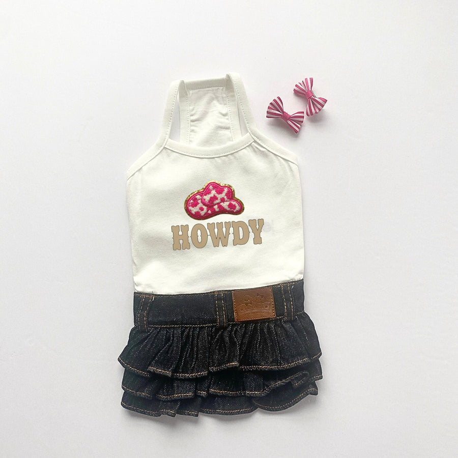 Blue Jean Dog Dress with Cowboy Hat & Howdy Design - Western Themed Dog Clothes