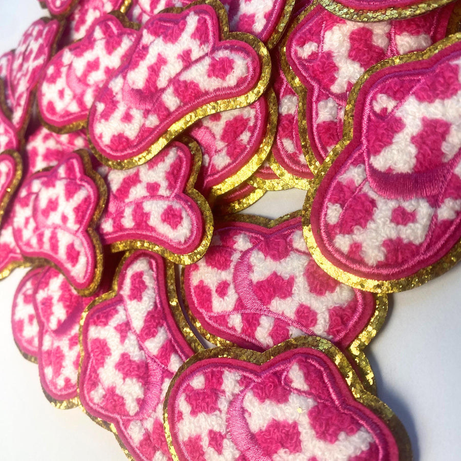 Chenille Cowgirl Hat Iron-On Patch in Pink Leopard Print - Western Style Accessory