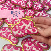 Chenille Cowgirl Hat Iron-On Patch in Pink Leopard Print - Western Style Accessory