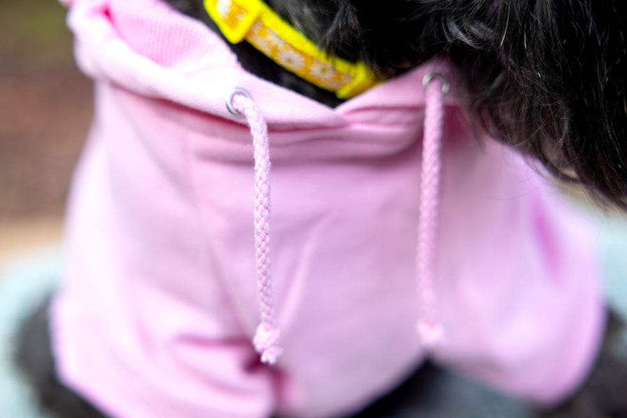 Close up of drawstrings on pet hoodie in pink