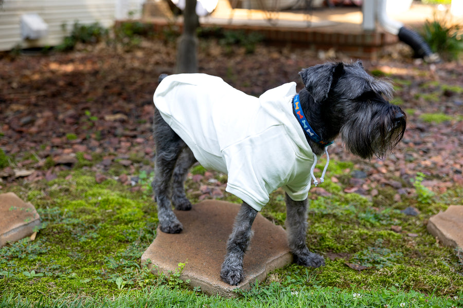Side view of dog hoodie for fit, dog sweatshirt, dog sweater, dog shirt, color is white