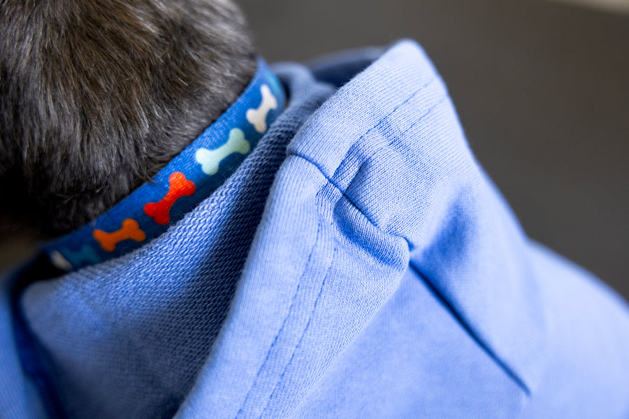 Close up of blue hood shows the comfortable texture of this dog sweatshirt.