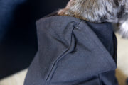 Dog costume with hood, soft dog shirt with waffle texture inside, like designer dog shirt in black.