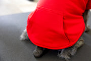 Close up of large pocket on red dog hoodie, Dog clothes for boy, Dog clothes for girl.