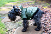 Dog winter coat in dark green side view