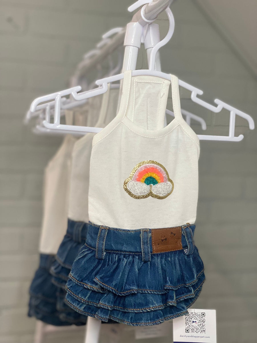 Dog Party Dress | Rainbow Harness Style with Blue Jean Skirt Outfit