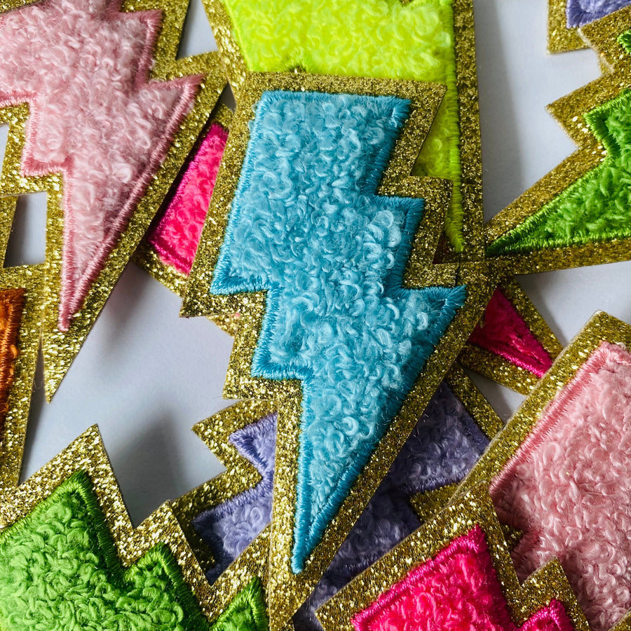 Gold Glitter Lightning Bolt Patch – Adhesive Chenille Sew/Iron On