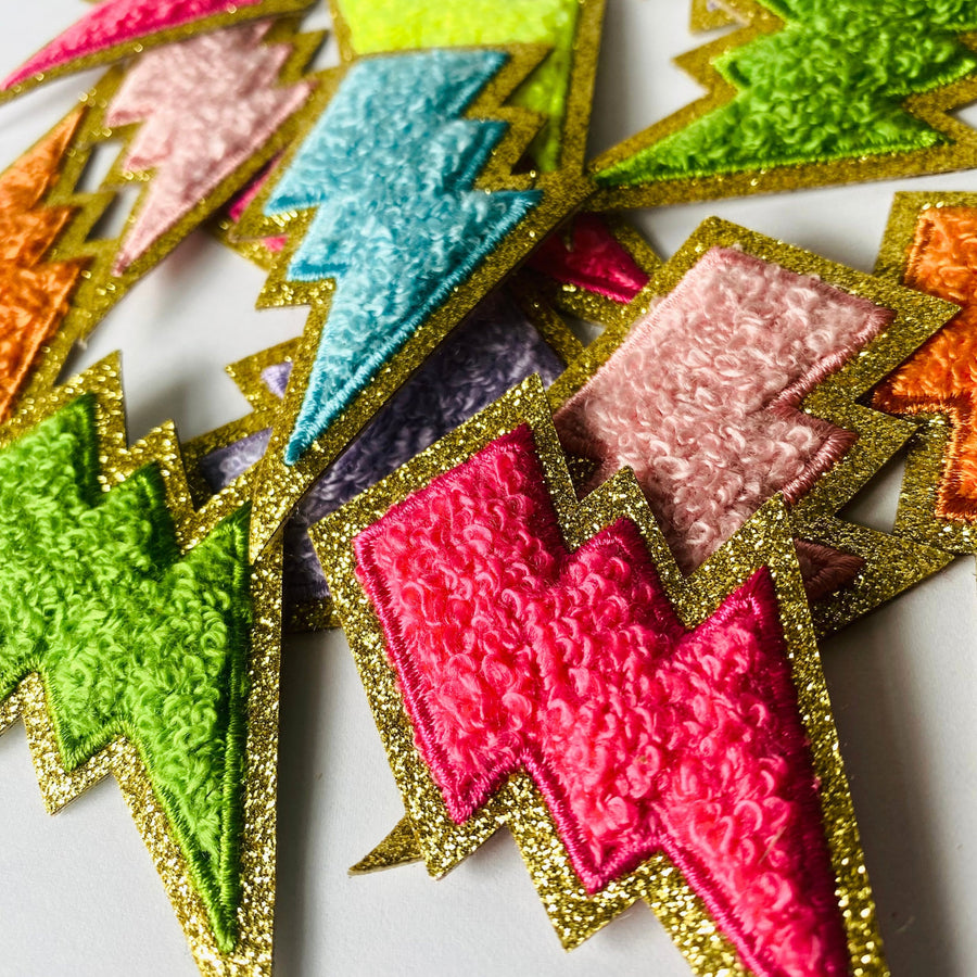 Gold Glitter Lightning Bolt Patch – Adhesive Chenille Sew/Iron On