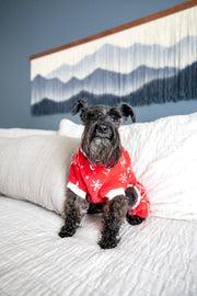 Holiday pajamas for dog with funny design, pet pjs with banded arms,, frontside sitting position