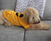 Side view of orange pet hoodie showing hemmed edges, designer dog shirt, dog costume