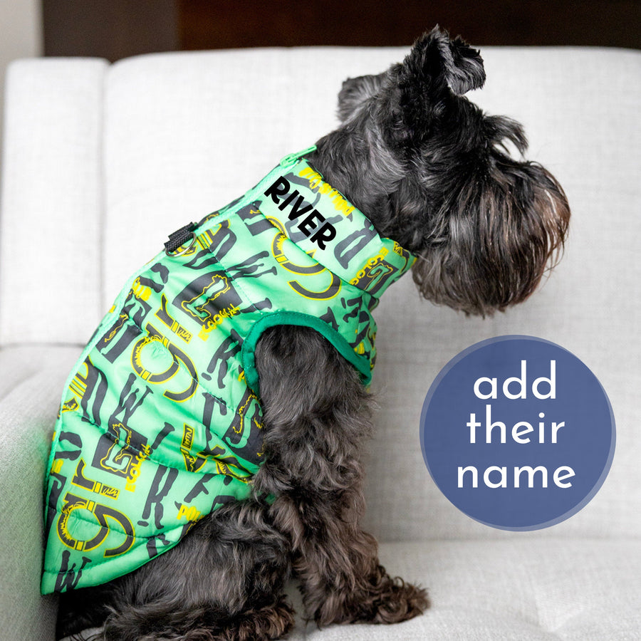 Personalized Green Dog Jacket | Boy Dog Vest with Leash Holder & Zipper