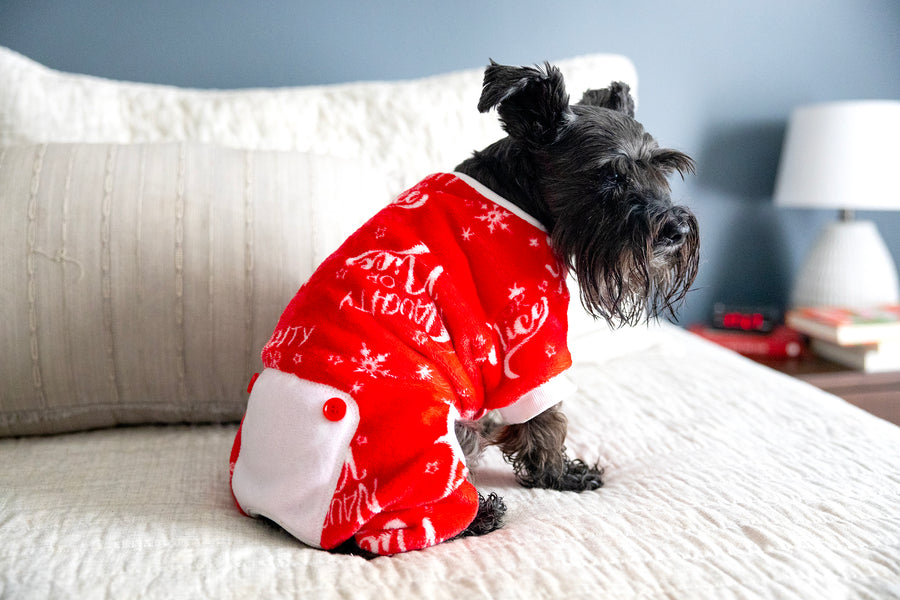 Red Christmas dog pajamas, showing backside