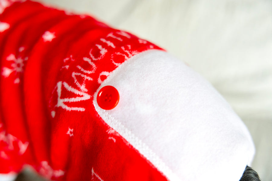 Red Christmas Pajamas for pet with funny design, close up of bottom diaper look