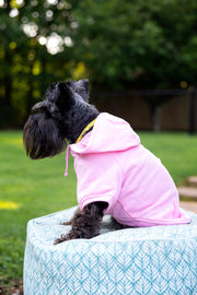 side view of pink pet shirt with hood