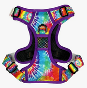 chest view of dog harness, tie dye with purple outline.