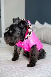 designer dog coat for girl dog, pink dog jacket, side view