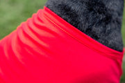 funny dog shirt in red, close up of neckline hem