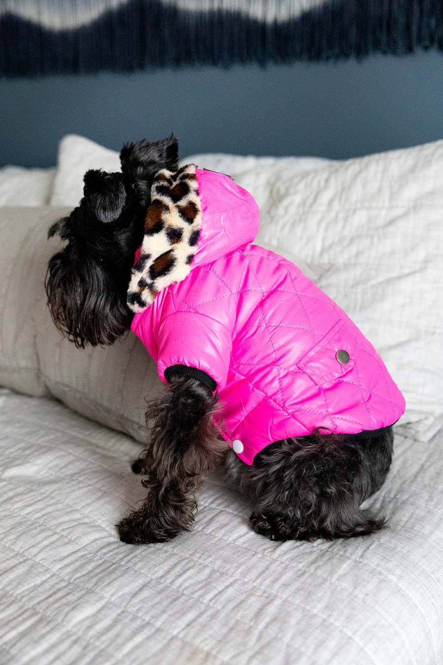 hot pink dog coat with pockets, side view