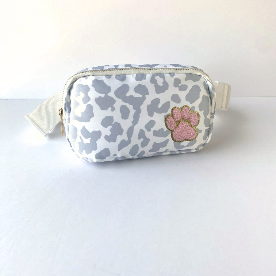 Gift for Dog Mom Gray Leopard Print Crossbody Shoulder Bag with Paw Embellishment