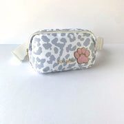 Crossbody Leopard Print Gray Shoulder Bag with Paw Embellishment in Pink and Gold Glitter
