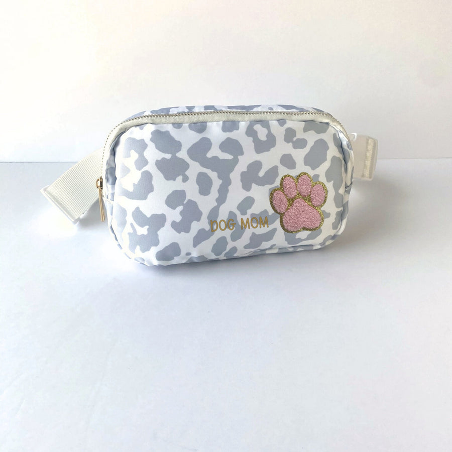 Crossbody Leopard Print Gray Shoulder Bag with Paw Embellishment in Pink and Gold Glitter