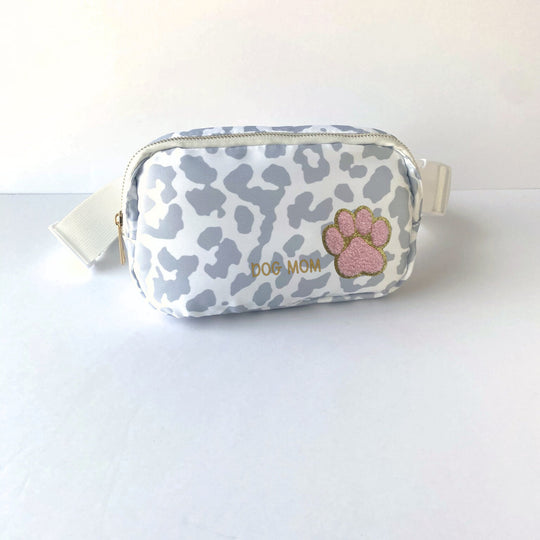 Gift for Dog Mom Gray Leopard Print Crossbody Shoulder Bag with Paw Embellishment