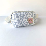 Crossbody Leopard Print Gray Shoulder Bag with Paw Embellishment in Pink and Gold Glitter