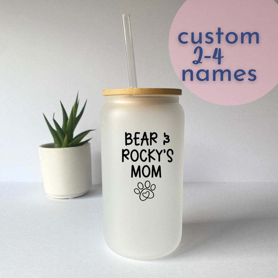 Personalized Mug for Dog Mom Glass Tumbler Gift for Her Cup for Mama with Pet Name for Dog Lover Gift Frosted Mug Rose Gold Paw Print Heart