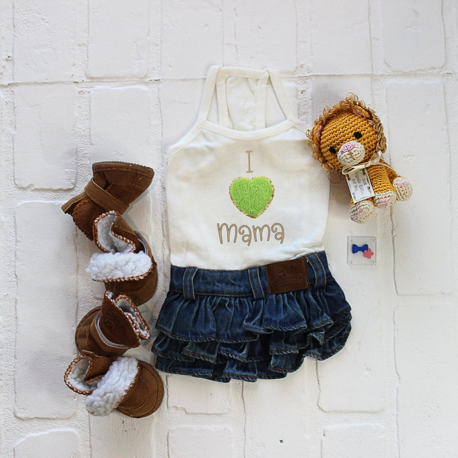 Blue Jean Dog Dress for Small Dog with I Love Mama and Green Gold Heart