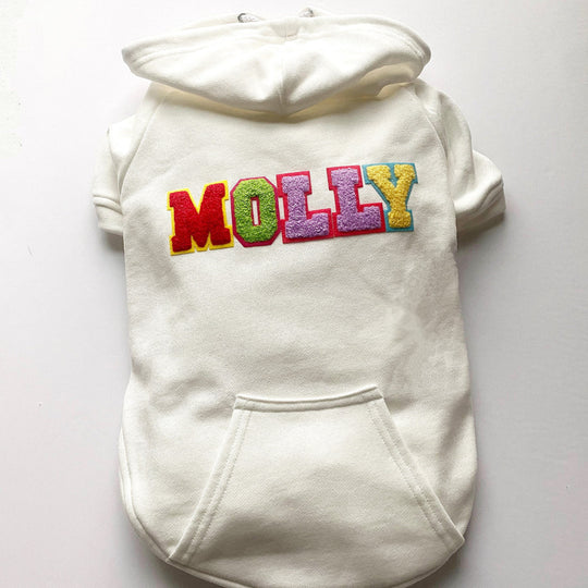 dog hoodie personalized with varsity letters