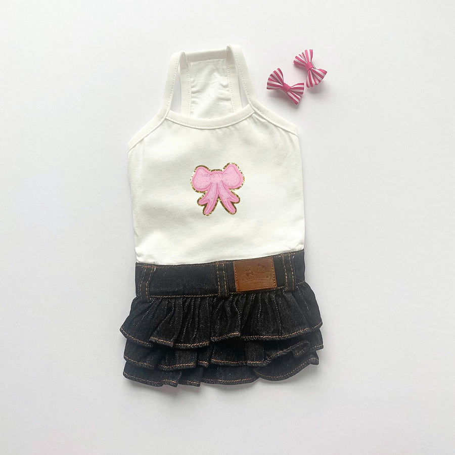 Dog Dress with Pink Bow, Blue Jean Pet Minidress