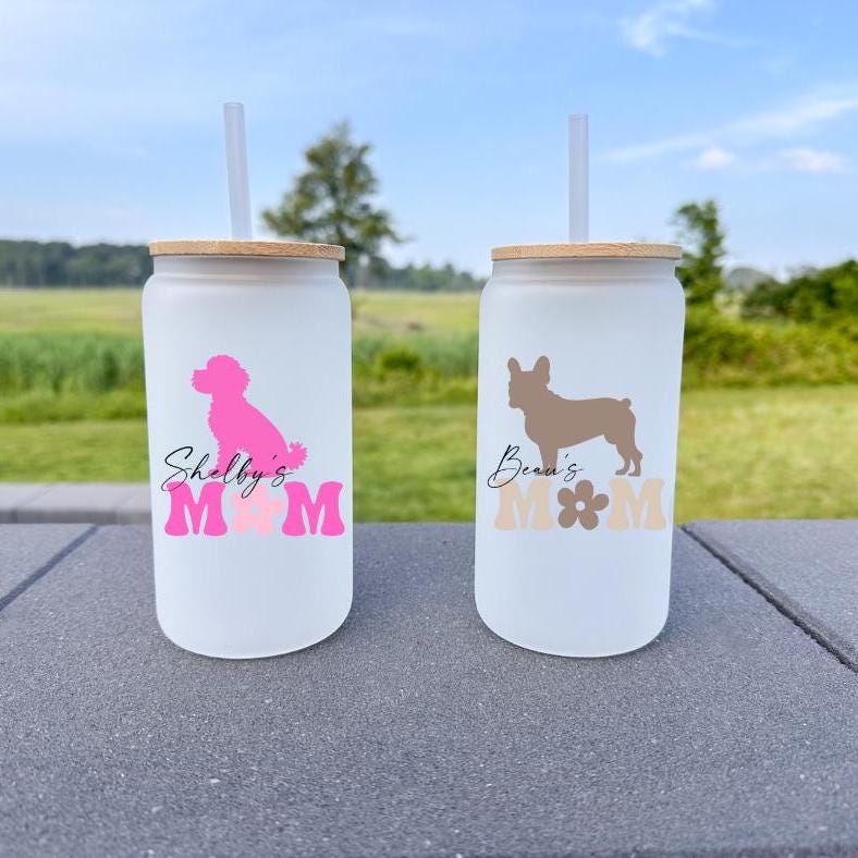 Dog Mom Tumbler Frosted Pink Design with Dog Breed Customized Iced Coffee Mug for Pet Lover Gift for Christmas Stocking Stuffer Secret Santa