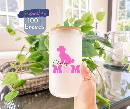 Gift for Dog Mom Birthday Gift Custom Dog Cup Iced Coffee Tumbler for Her Dog Silhouette New Mama Neutral Color Minimalistic Pet Gift Pink