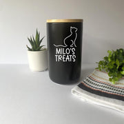 Cat Treat Canister Personalized for Pet Treat Jar Custom Feline Outline on Snack Holder for Cat Mom Cat Lover Gift Black Modern Home Decor