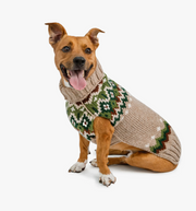 Fall Dog Sweater in Green and Tan, showing fit in sitting position