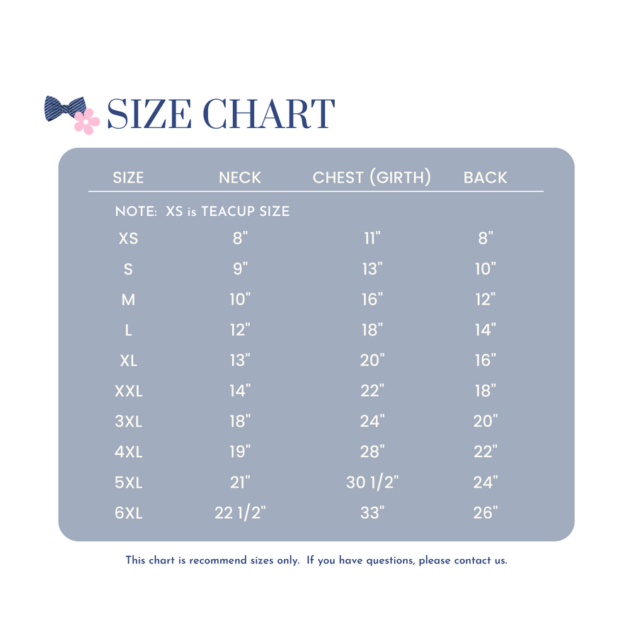 size chart for pet shirt
