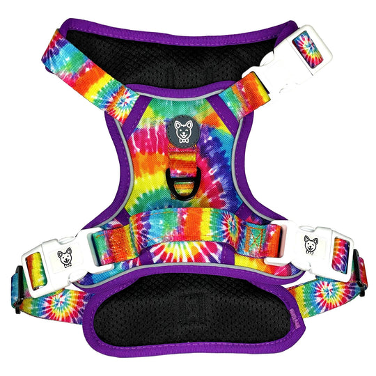 Dog harness back side, no pull, tie dye in color.