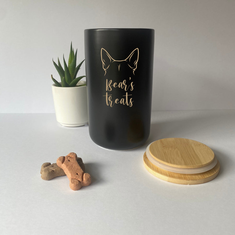 Custom Dog Treat Canister | Black with Pet Breed & Name Personalization