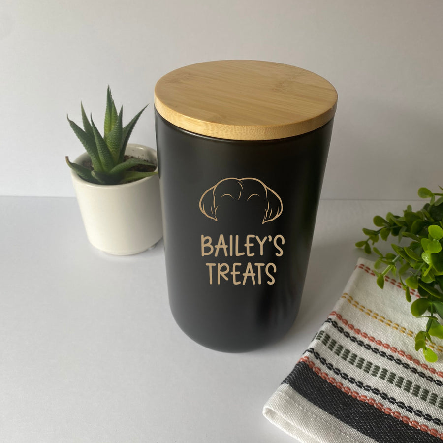 Custom Dog Treat Canister | Black with Pet Breed & Name Personalization