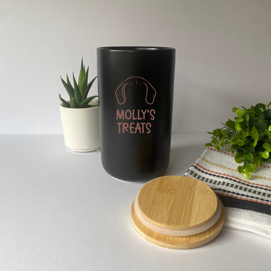 Custom Dog Treat Canister | Black with Pet Breed & Name Personalization