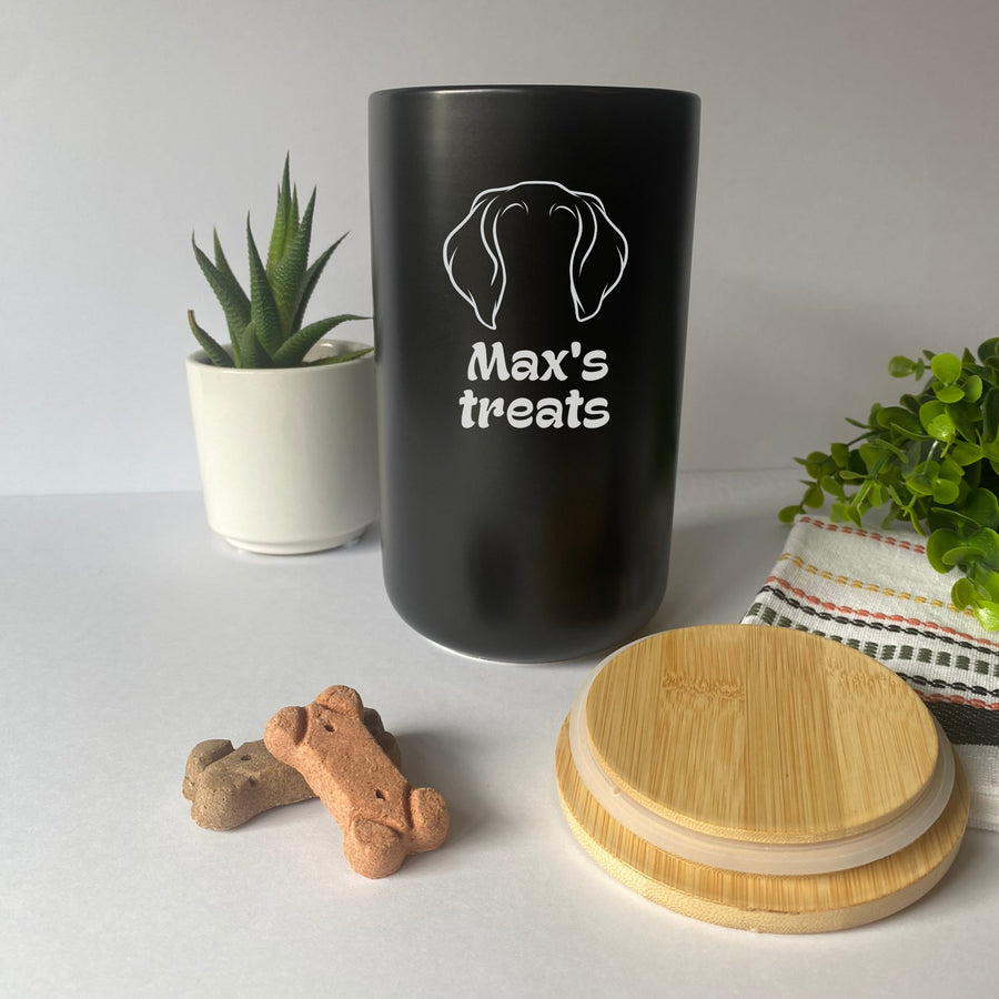 Custom Dog Treat Canister | Black with Pet Breed & Name Personalization