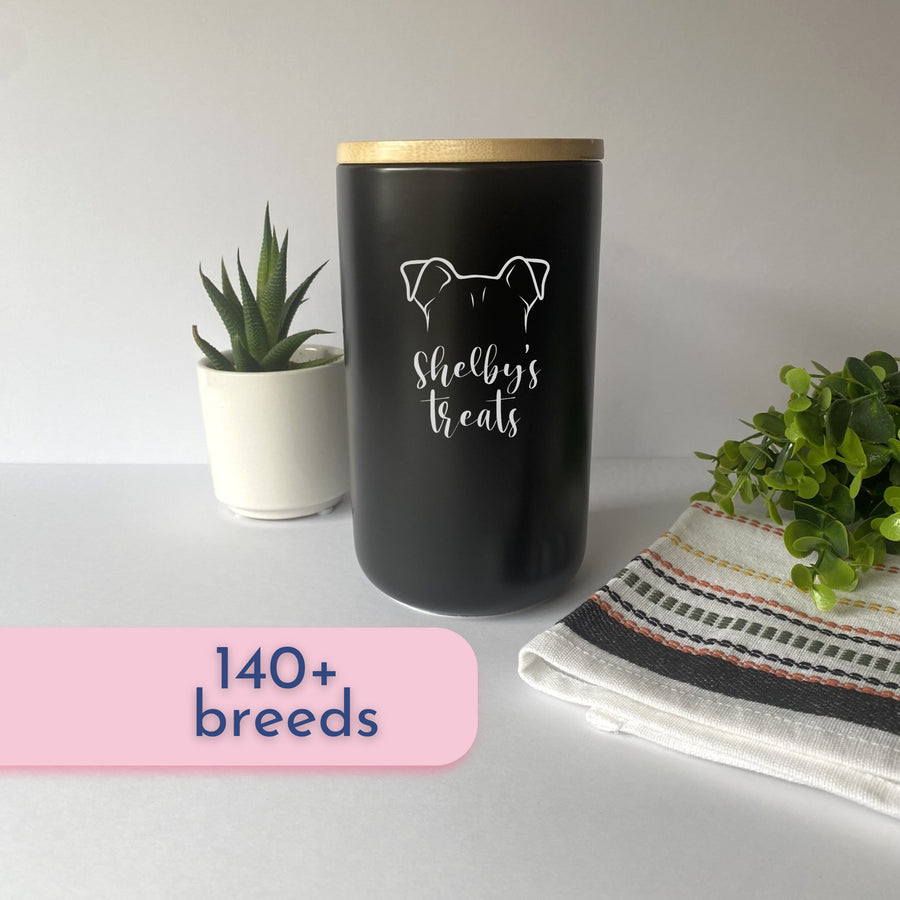 Custom Dog Treat Canister | Black with Pet Breed & Name Personalization