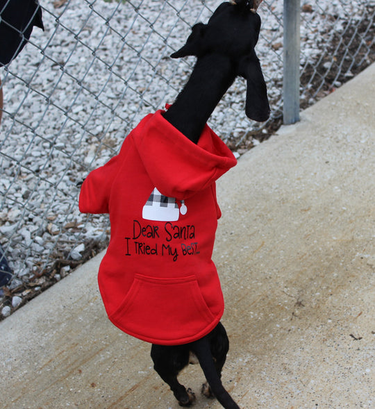 Back view of funny Christmas dog sweatshirt in red color.  Design is black and white in color.