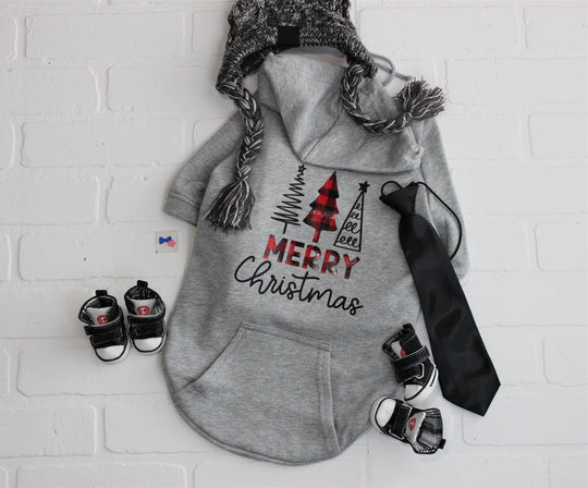 A gray dog hoodie in flat lay to show buffalo plaid Christmas design.