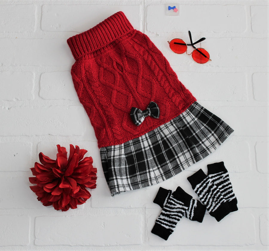 Red dog turtleneck dress, flat lay with dog glasses and dog leg warmers, makes a cute holiday outfit for dog