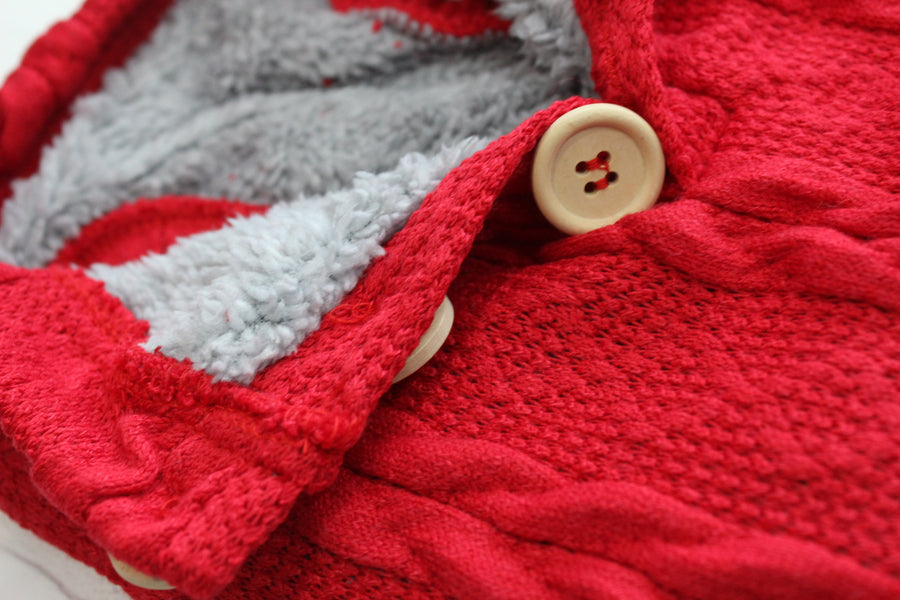 close up of wooden button on dog sweater