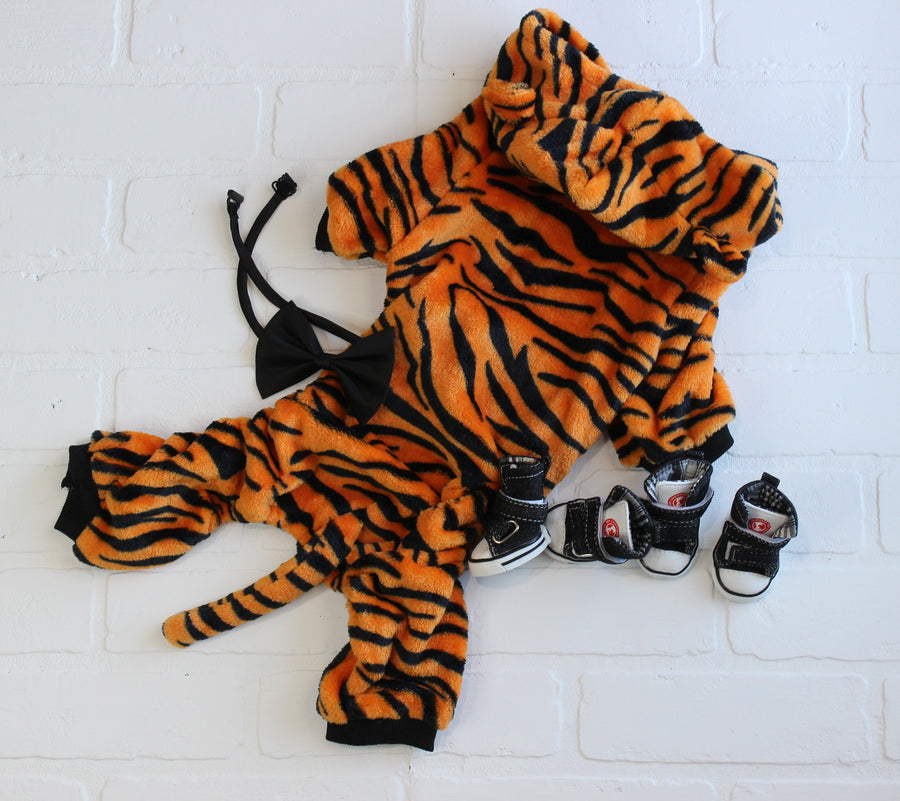 Tiger dog costume for Halloween, flat lay with pet accessories