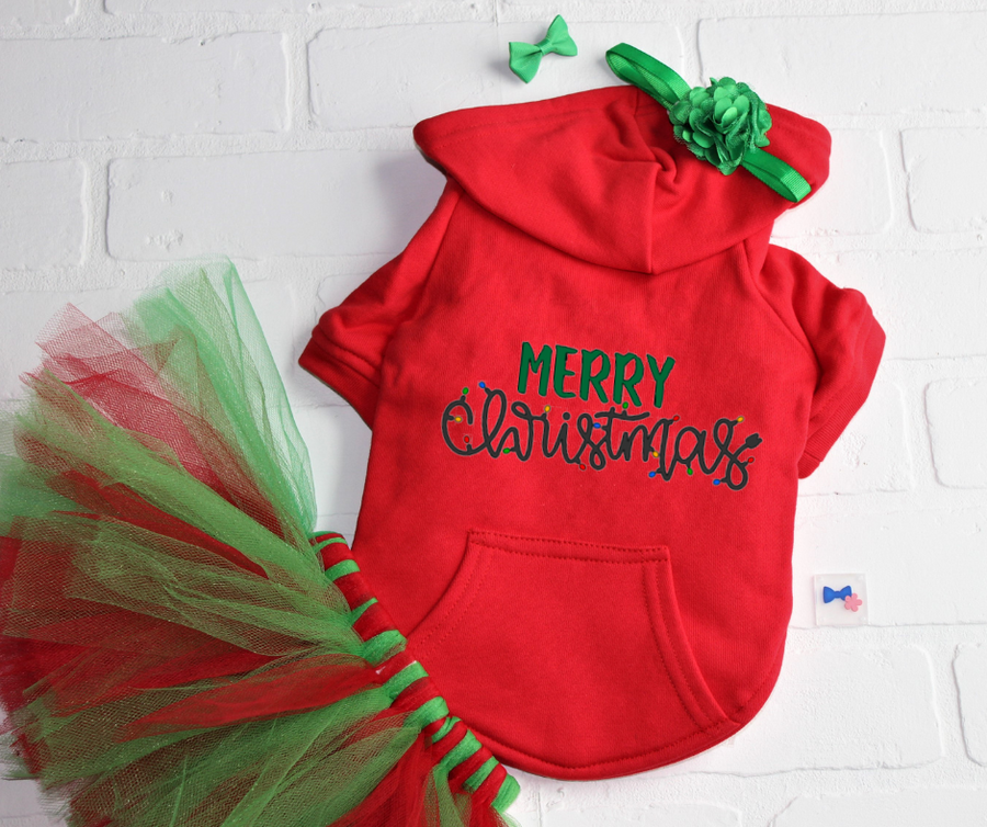 Merry Christmas tutu for dog in flat lay with dog hoodie